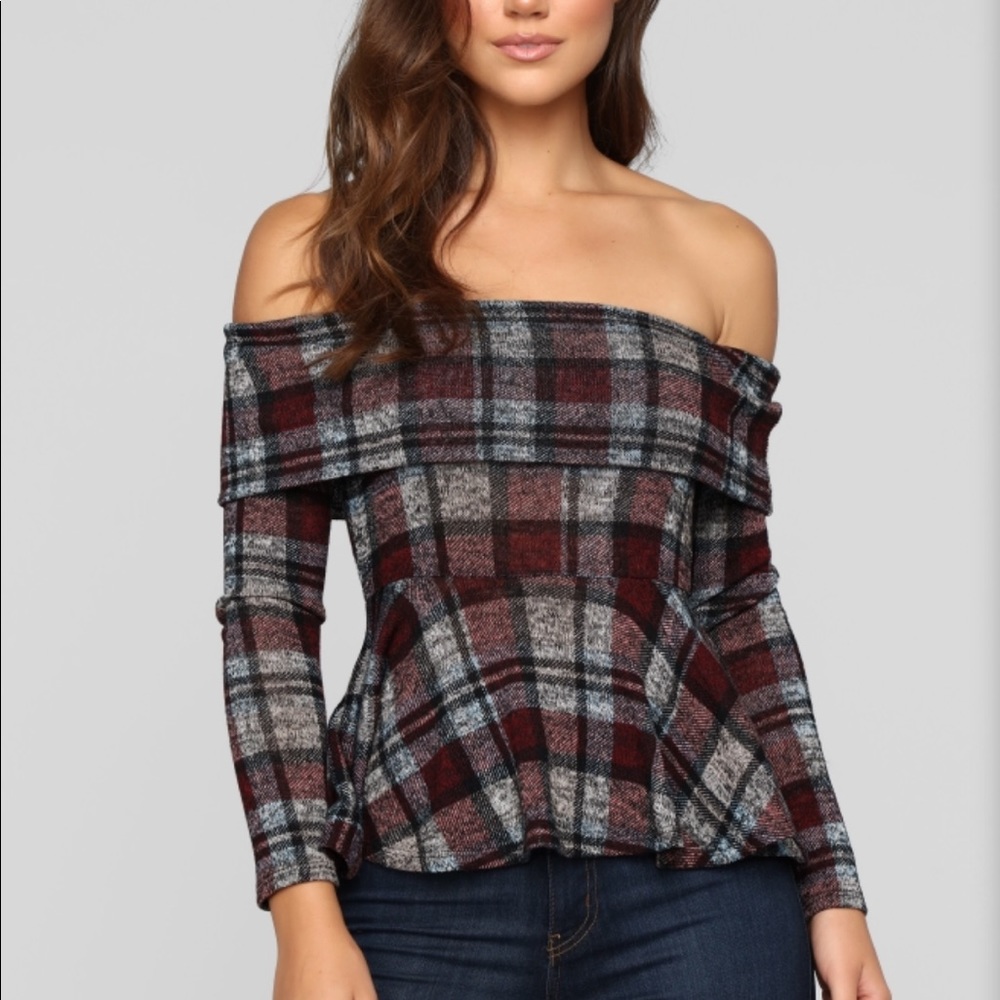Fashion Nova plaid peplum top sz L